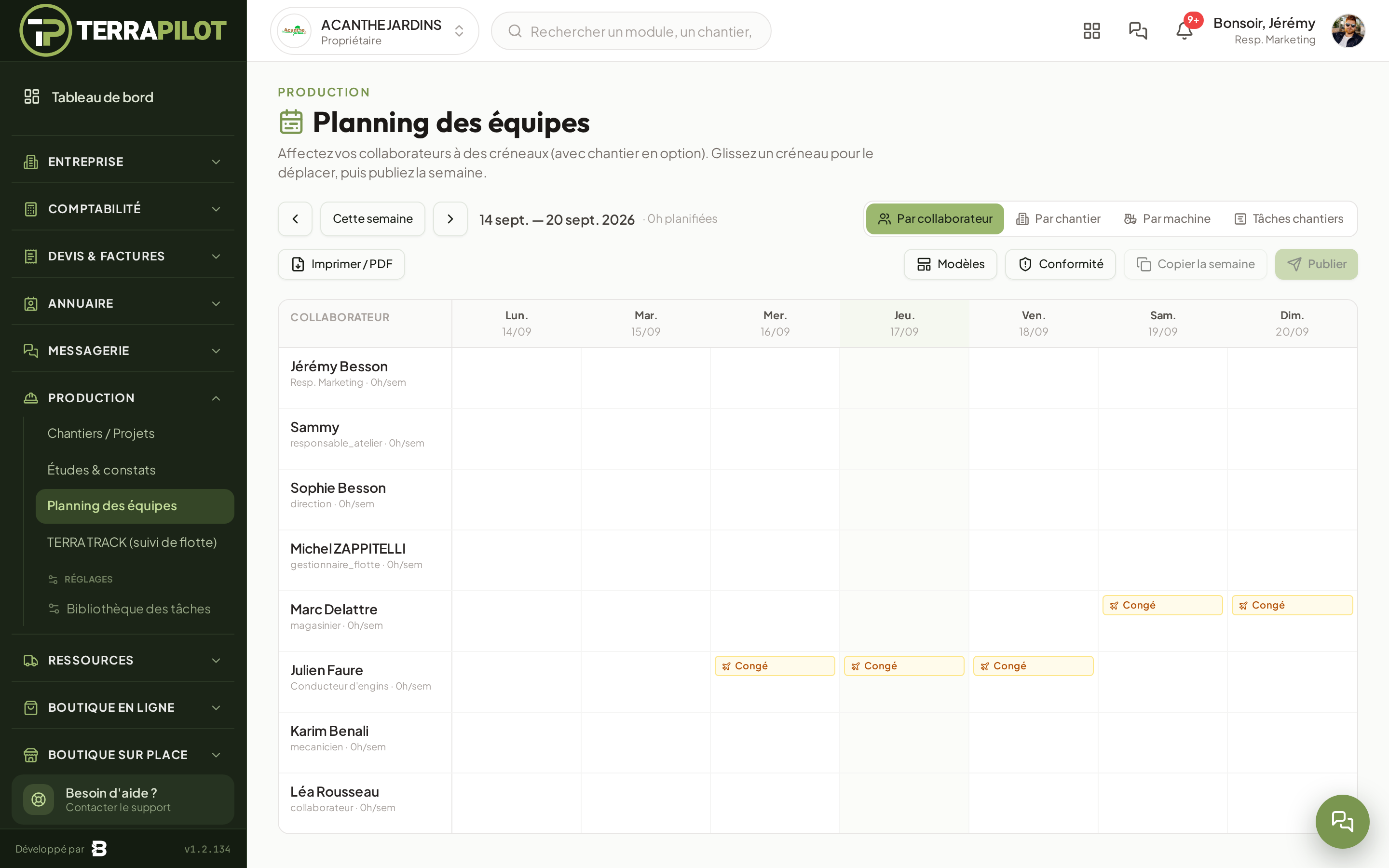 Planning des équipes
